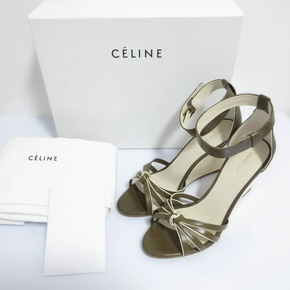 CELINE セリーヌ フィービー期 Knot Wedge 85 アンクルストラップ ウエッジサンダル 35.5 22.5cm相当 カーキ クリーム