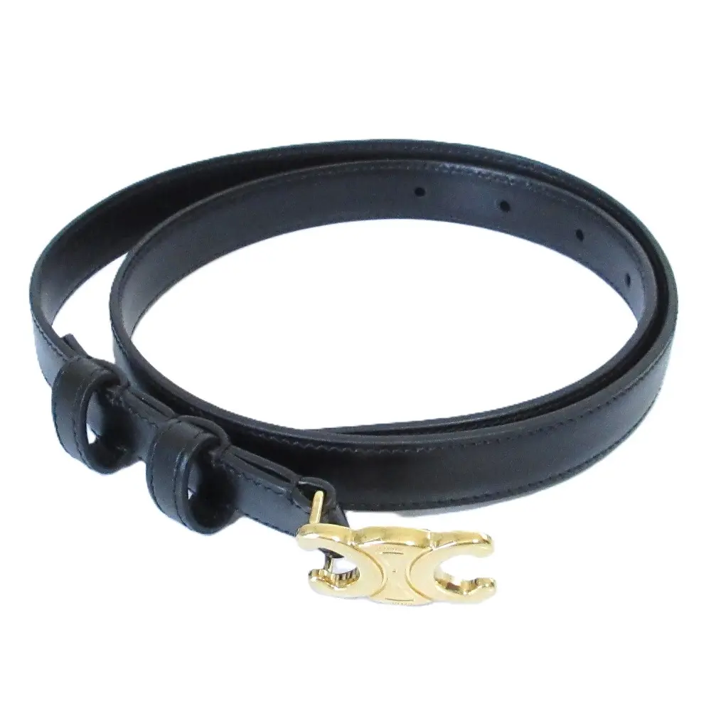 CELINE セリーヌ トリオンフバックル レザー ナローベルト 18MM サイズ70 ブラック ゴールド金具