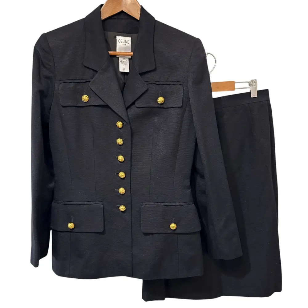 CELINE セリーヌ ヴィンテージ 金ボタン シルクジャケット＋スカート セットアップ サイズ38 ブラック