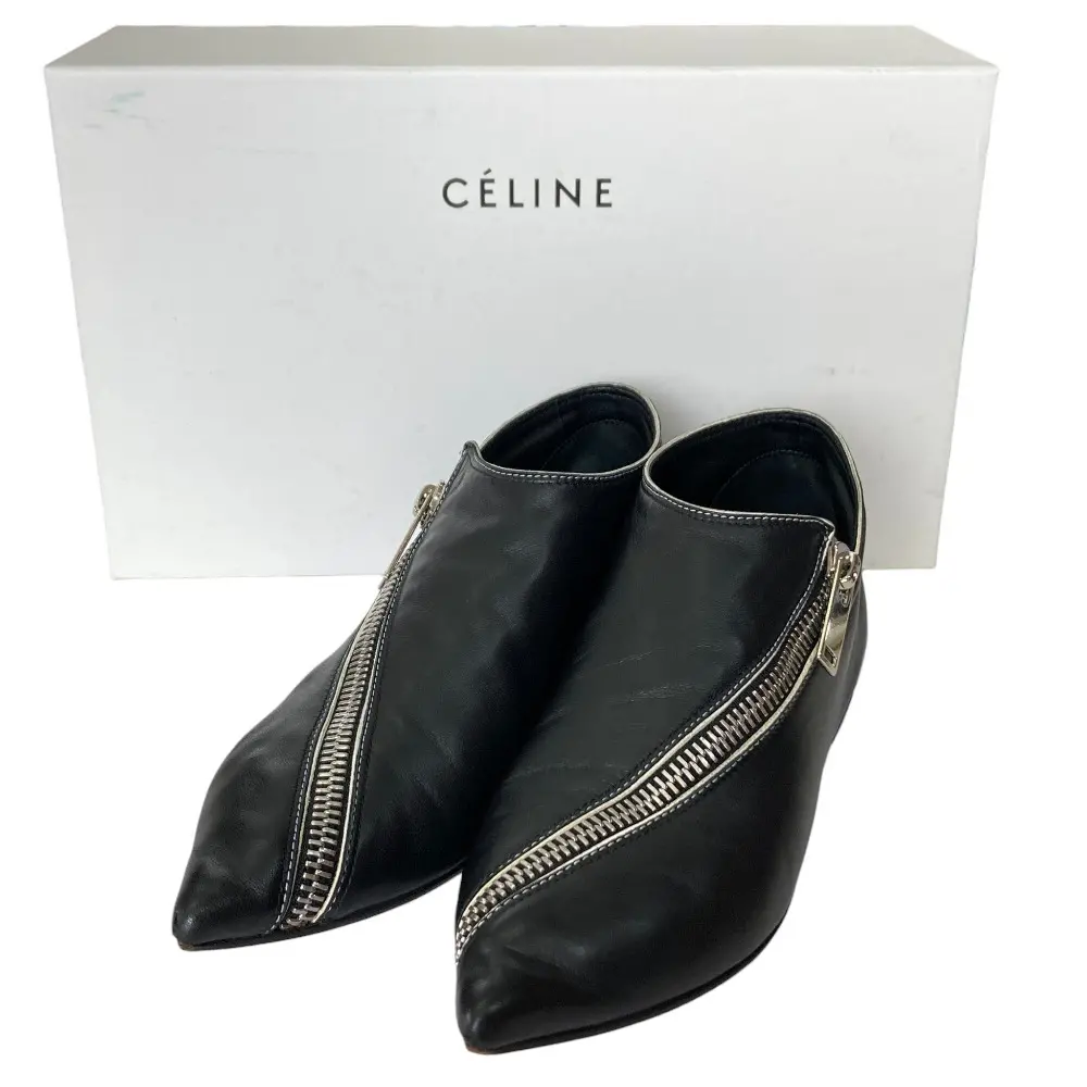CELINE セリーヌ フィービー期 レザー ポインテッドトゥ ジッパー フラットシューズ サイズ36 23cm相当 ブラック