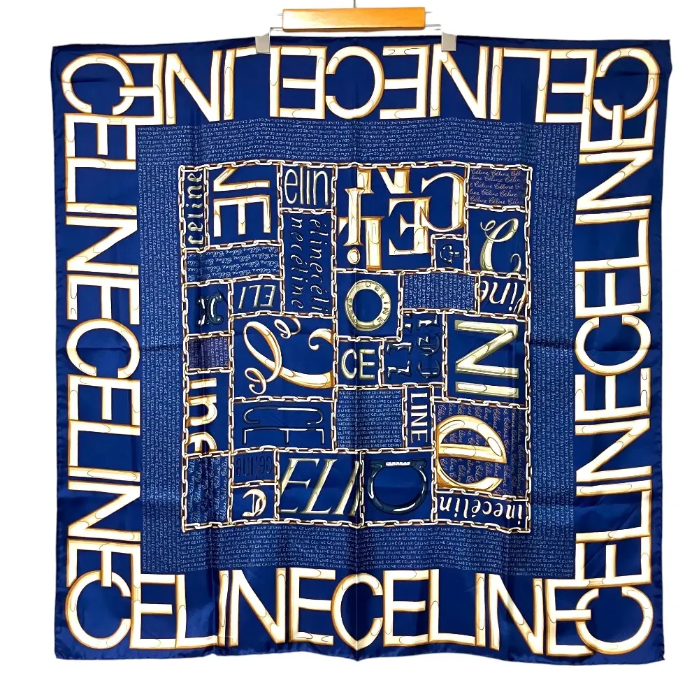 CELINE セリーヌ ロゴプリント シルク 大判スカーフ ネイビー