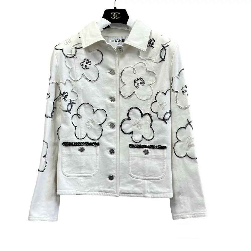 22AW CHANEL シャネル メティエダール コレクション ルック30 ビーズ装飾 デニムジャケット P73046 34サイズ ホワイト