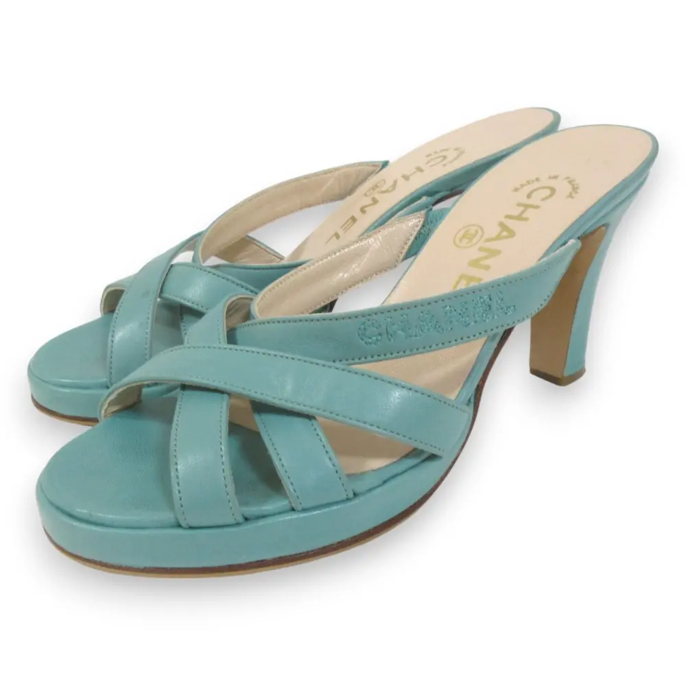 CHANEL シャネル ロゴ刺繍 オープントゥ ヒールサンダル ミュール 35.5 約22.5cm グリーン系