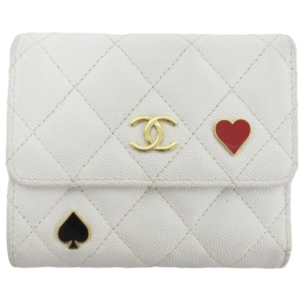 CHANEL シャネル 2023年クルーズコレクション キャビアスキン マトラッセ スモールフラップウォレット 折り財布 ホワイト