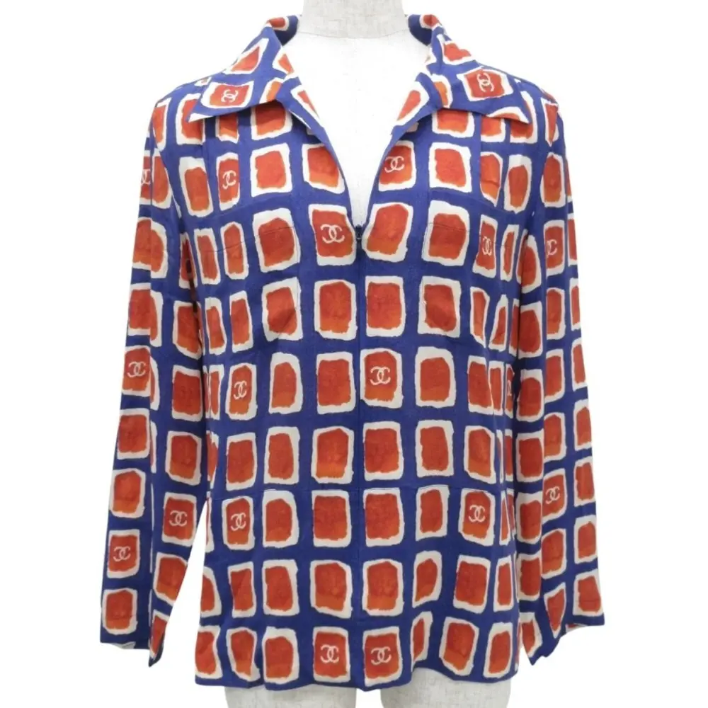 CHANEL シャネル 01P 長袖 シルク100% ジップアップ ロゴプリント シャツ ブラウス 36 ネイビー×オレンジ