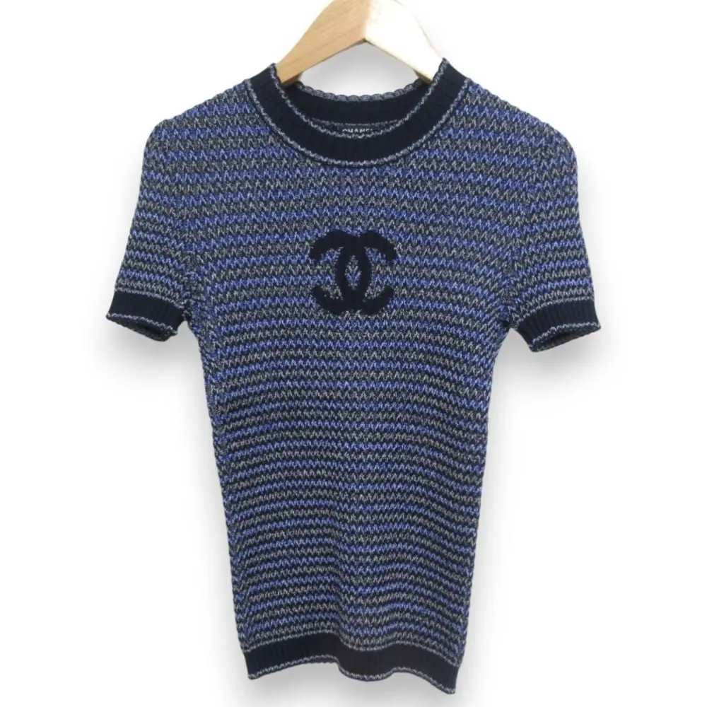 20P CHANEL シャネル ココマーク ボーダー柄 クルーネック 半袖 サマーニット セーター P63025 サイズ34 ネイビー ブルー