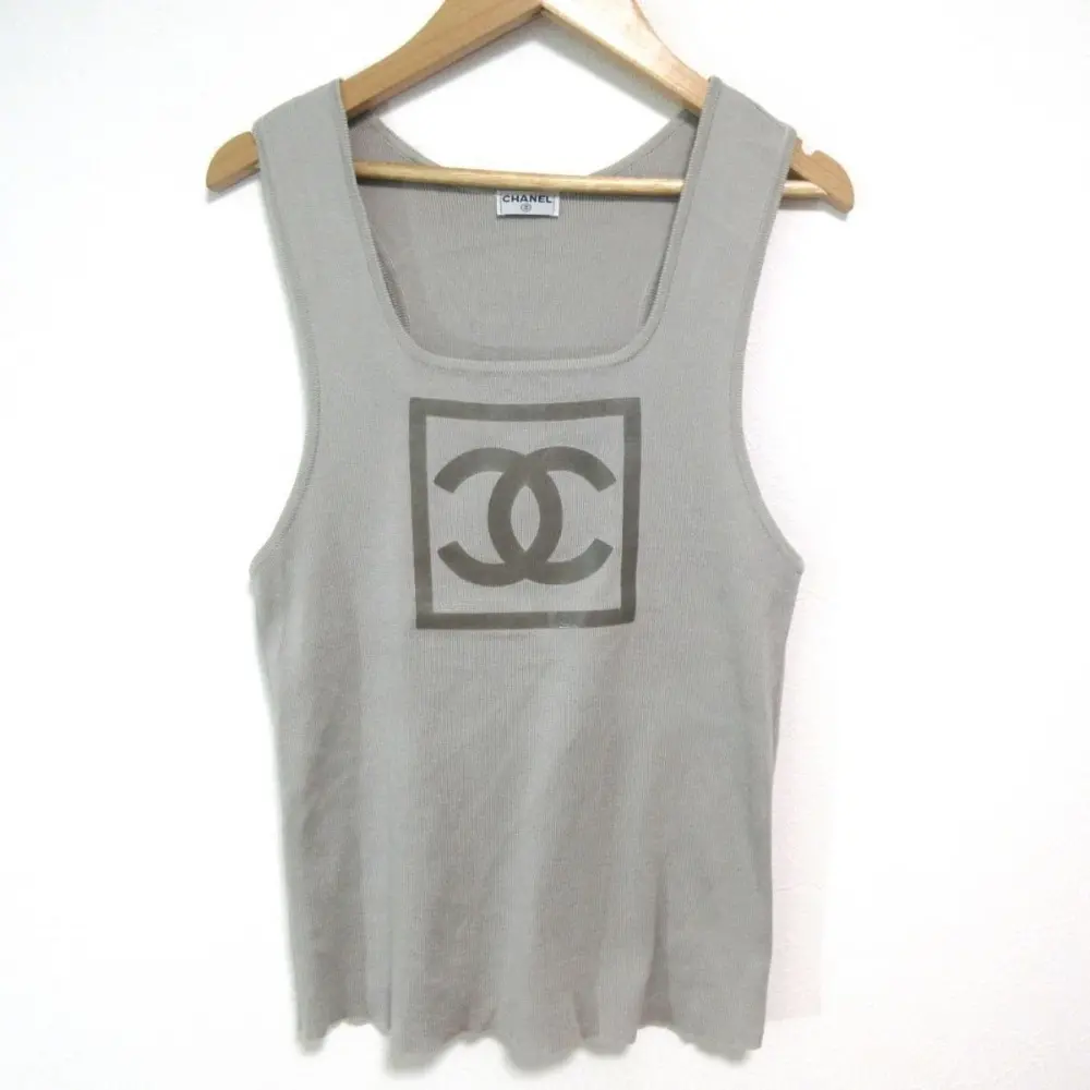 01P CHANEL シャネル スポーツライン ココマークプリント コットンリブ Uネック ノースリーブ ニット タンクトップ グレー