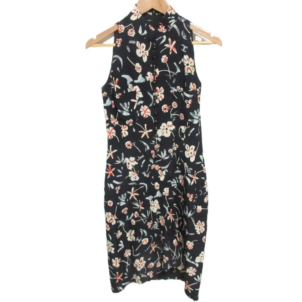97P CHANEL シャネル ヴィンテージ 花柄 クローバー金ボタン シルク100％ 膝下丈 ノースリーブ ワンピース ドレス 36 ブラック
