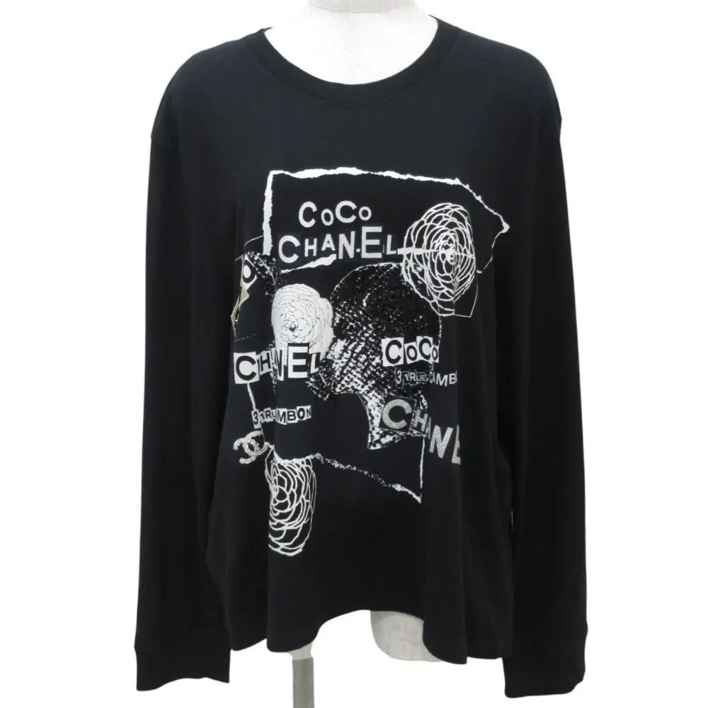 20SS CHANEL シャネル スパンコール ココマーク カメリア ロゴデザイン 長袖 Tシャツ カットソー P63300 XL ブラック