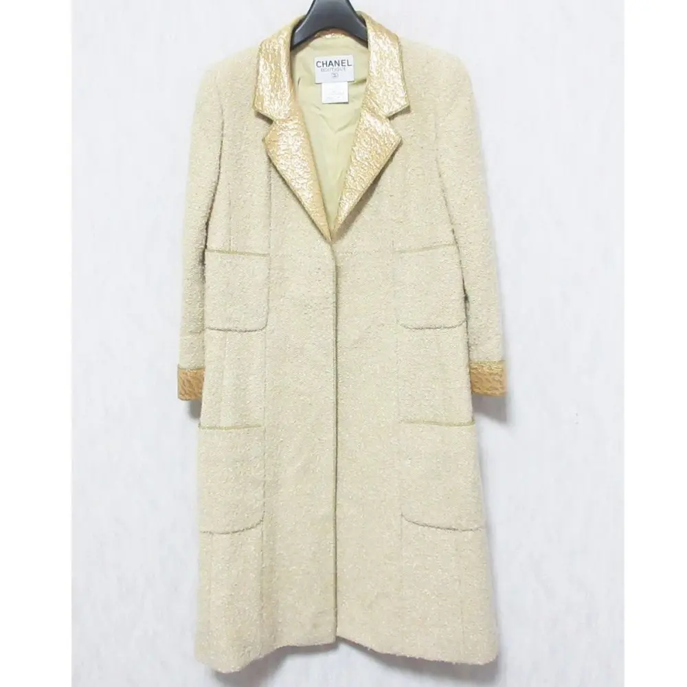 96A CHANEL シャネル ヴィンテージ モヘアブレンド ココマークボタン オープンフロント コート PO8528 40 ベージュ ゴールド