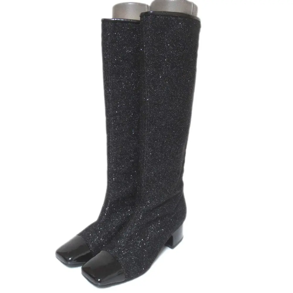 CHANEL シャネル ココマーク パテントレザー スクエアトゥ チャンキーヒール ラメ ロングブーツ 36C 23cm ブラック
