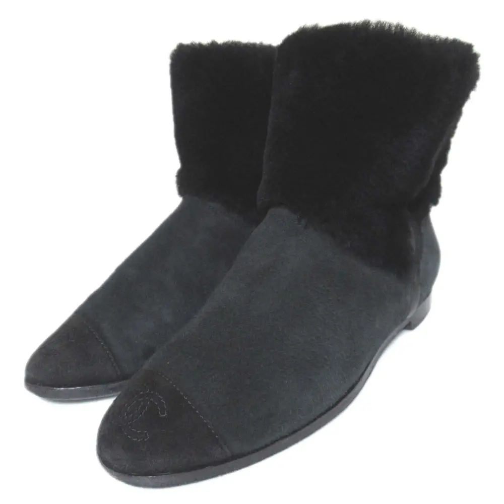 CHANEL シャネル ムートンブーツ アンクルブーツ ショートブーツ 38.5サイズ 24.5cm ブラック