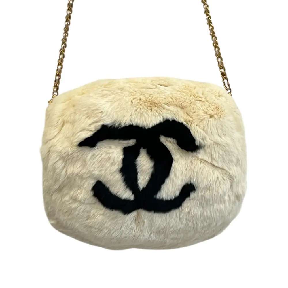 CHANEL シャネル ヴィンテージ ラパンファー ハンドウォーマー チェーンショルダーバッグ ホワイト