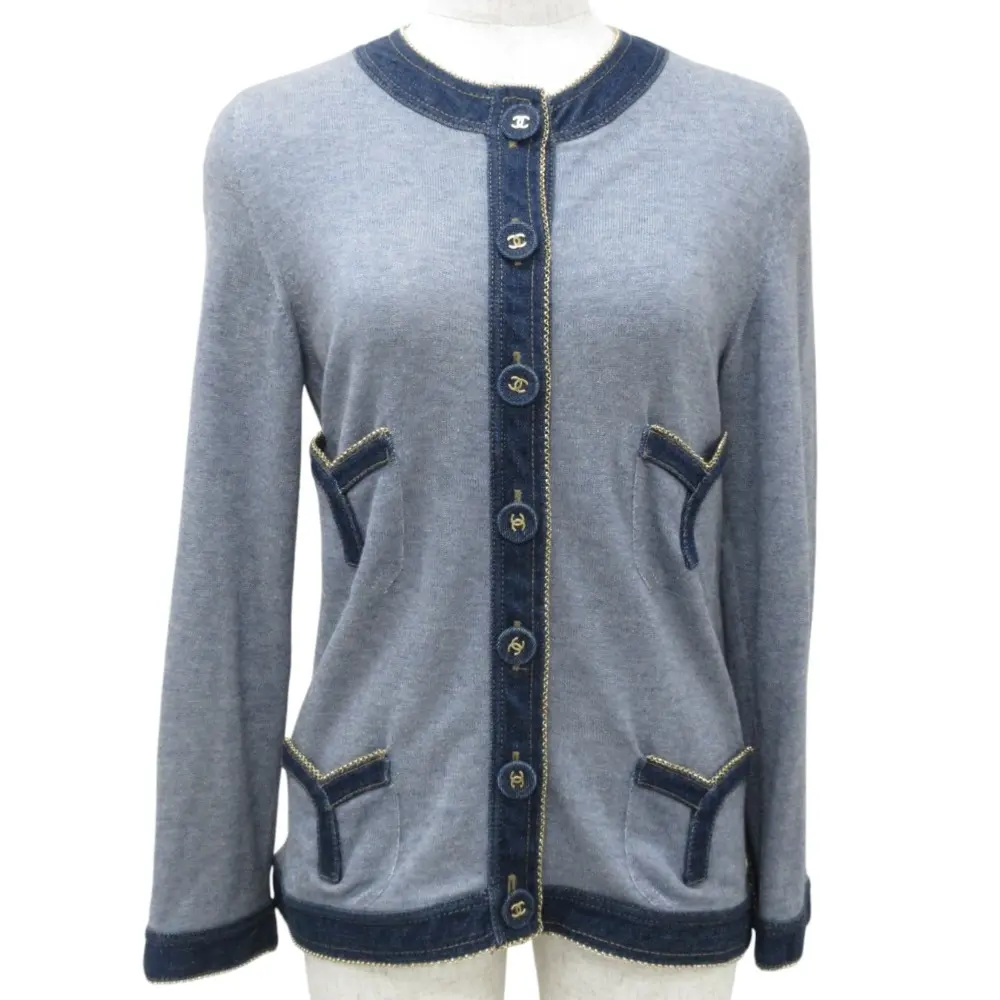 07P CHANEL シャネル ココマークボタン シルク×カシミヤブレンド デニムトリム カーディガン P30369  バイカラー ブルー
