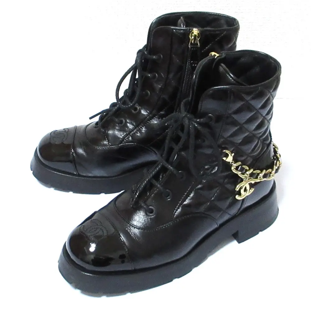 22-23AW CHANEL シャネル レザー マトラッセ チェーン ココマーク レースアップ ショートブーツ G39393 35.5 23cm相当 ブラック
