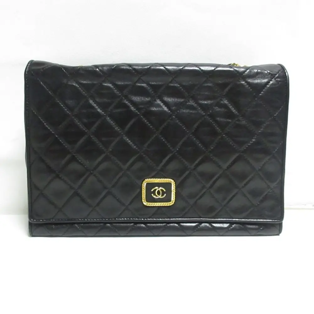 CHANEL シャネル ヴィンテージ マトラッセ レザー ココマーク チェーンショルダーバッグ ブラック×ゴールド金具