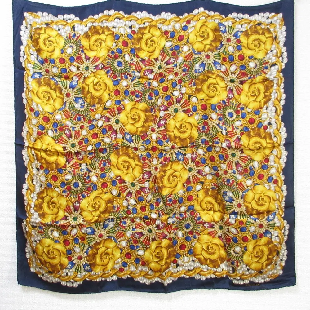 CHANEL シャネル ジュエリー×カメリア柄 シルク 大判スカーフ ネイビー