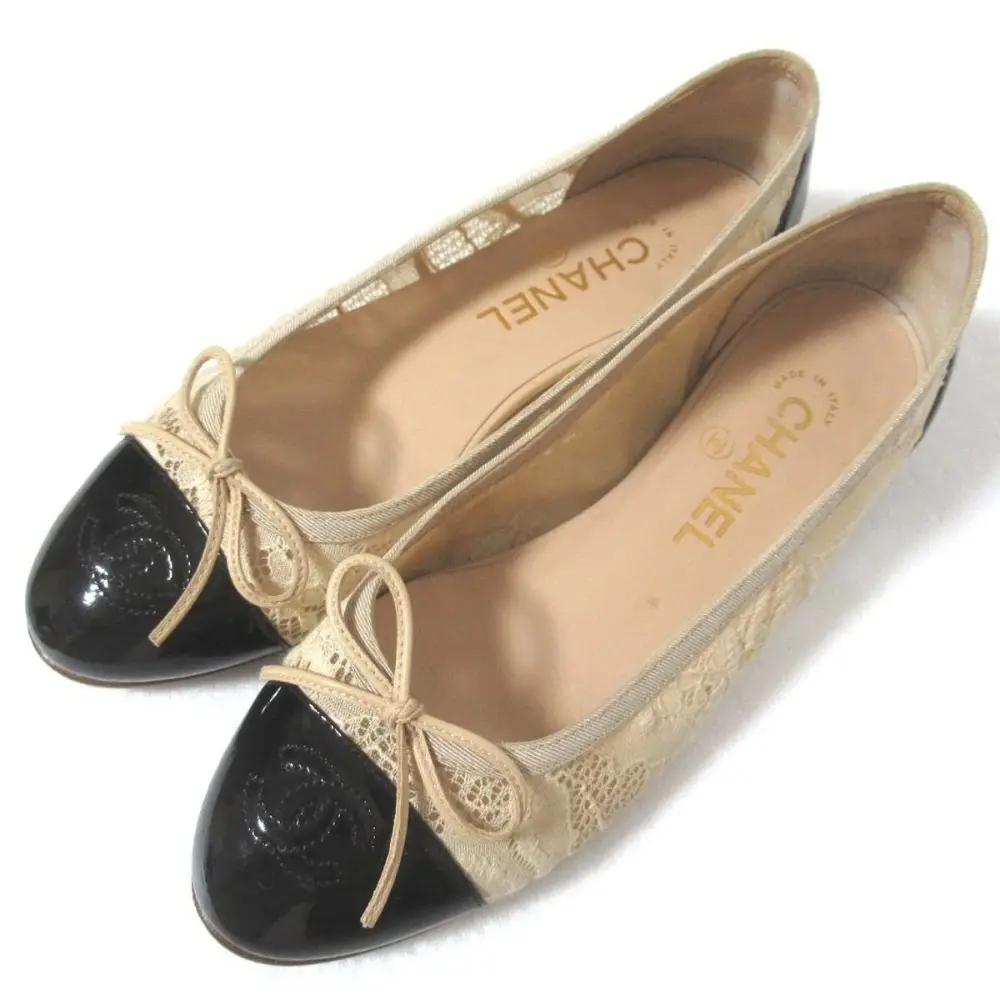 CHANEL シャネル ココマーク リボン エナメルレザー×レース バレリーナ バレエシューズ パンプス 37 23.5cm相当 ベージュ×ブラック