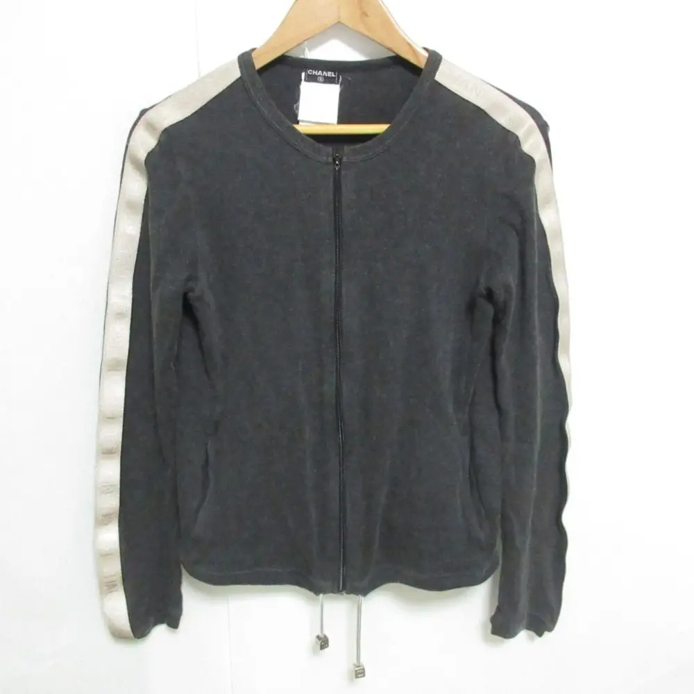 訳アリ CHANEL シャネル 02A コットンカシミヤ サイドロゴテープ ココマークキューブ ジップアップ ニットジャケット 38 グレー