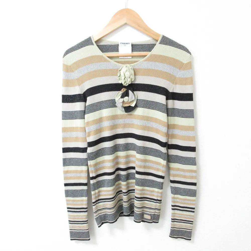 01P CHANEL シャネル ボーダー柄 フラワーコサージュ ラメ ラウンドネック  長袖 リブニットセーター 36 マルチカラー
