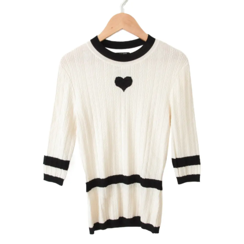 CHANEL シャネル Striped Sweater 3/4 Sleeve Knit Tops ハート ケーブルニット セーター P52444 36 アイボリー×ブラック