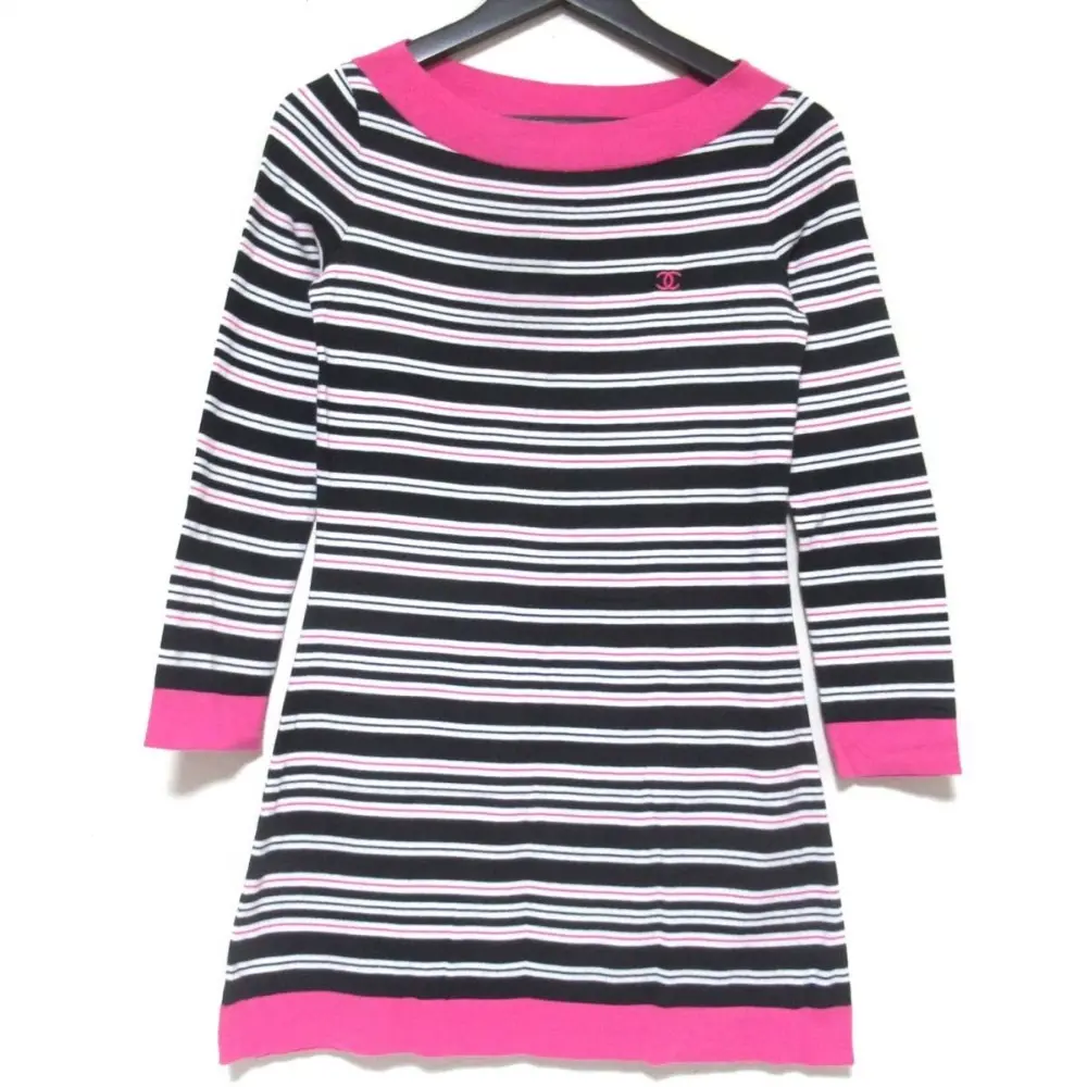 クリーニング済 CHANEL シャネル 07P ボーダー柄 ココマーク ミニ丈 ドレス ワンピース 34 ブラック×ピンク×ホワイト