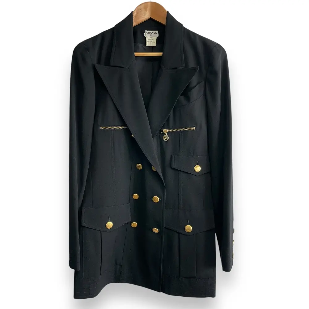 CHANEL シャネル ヴィンテージ ココマークジップ ロゴ金ボタン ダブルブレスト テーラードジャケット ブラック