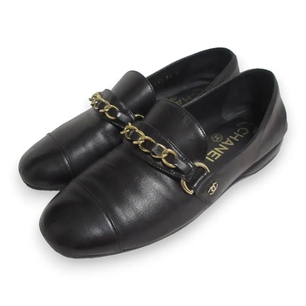 CHANEL シャネル レザー ココマーク ゴールドチェーン ローファー スリッポン フラットシューズ 36 C 約23.0cm ブラック