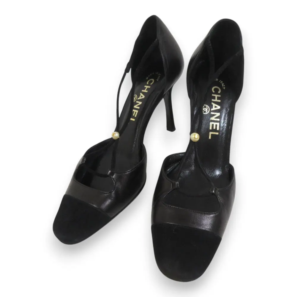 CHANEL シャネル レザー×スエード ココマークパール ストラップ ヒールパンプス 34C 約21cm ブラック