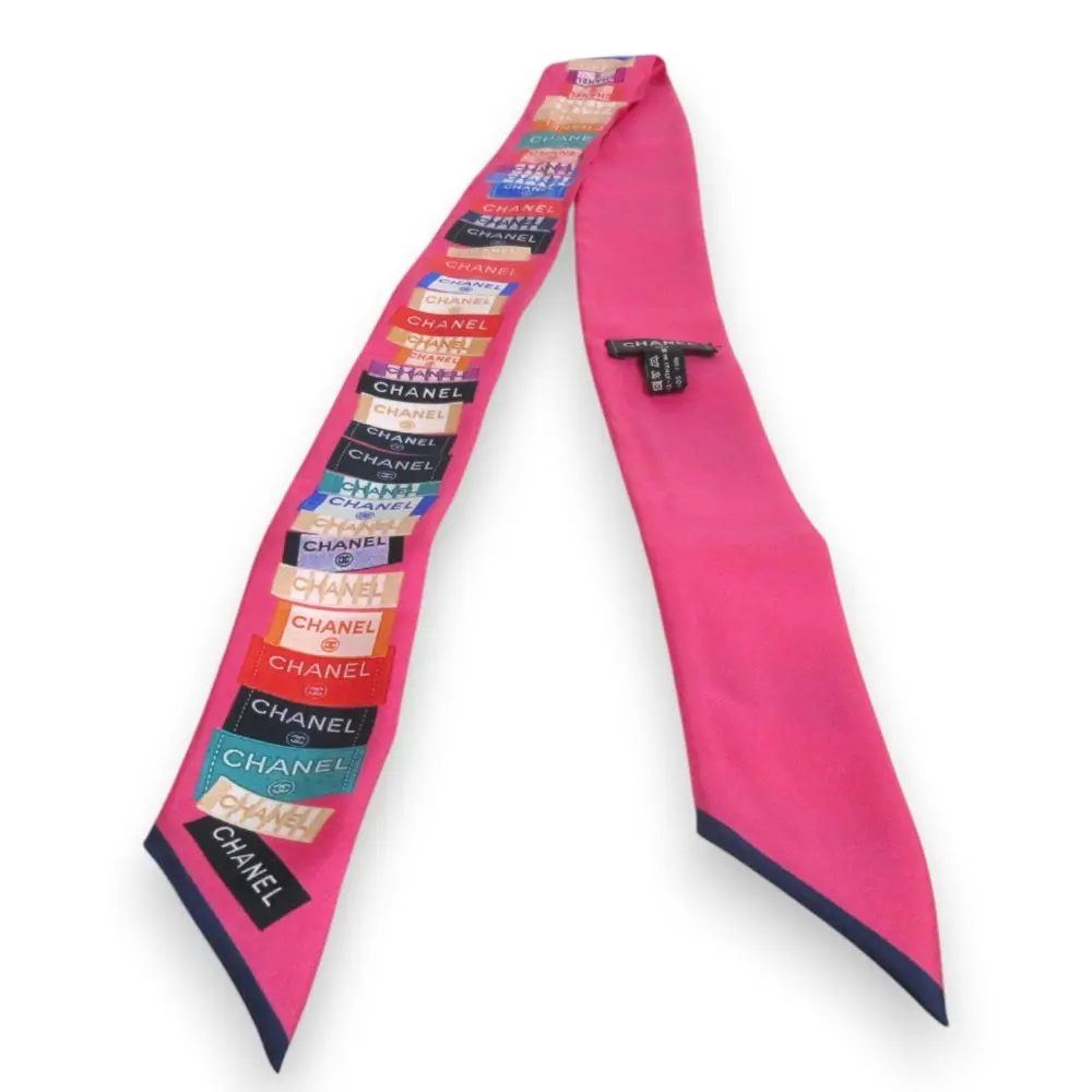 20C CHANEL シャネル アイコン ロゴタグ シルク100％ ヘアバンド スリムバンドゥ リボンスカーフ ピンク系マルチカラー