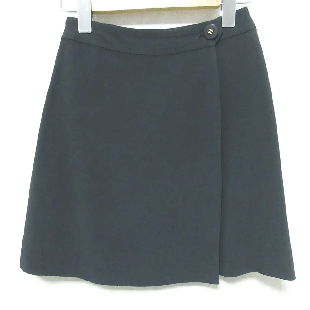 97C CHANEL シャネル ヴィンテージ ココマークボタン ラップミニスカート 巻きスカート 36 ブラック