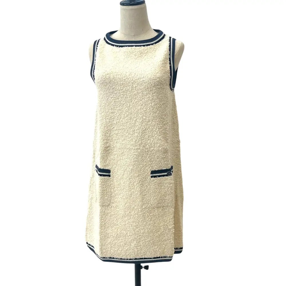 19P CHANEL シャネル カシミヤ×シルクブレンド ツイードニット ノースリーブ ワンピース P60599 38 ホワイト