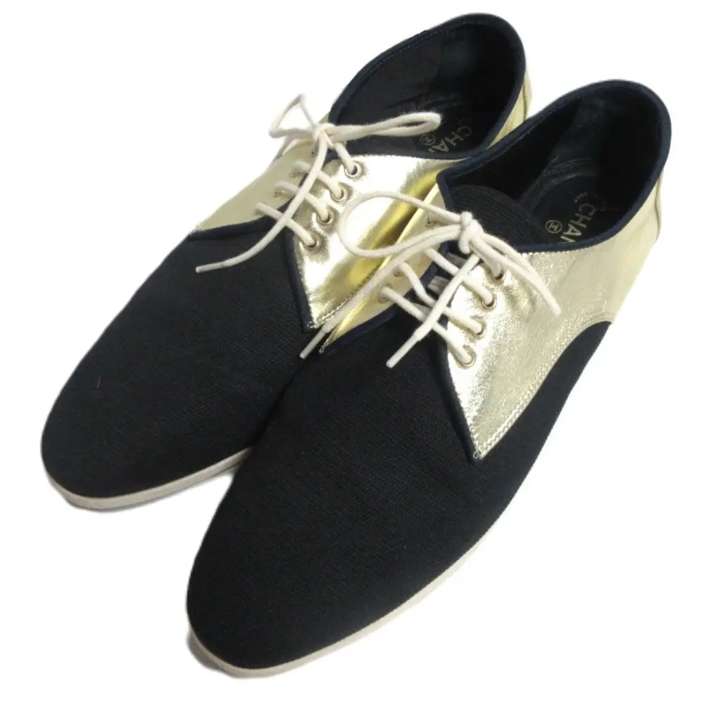 CHANEL シャネル キャンバス×レザー ココマークステッチ レースアップシューズ G32518 37C 23.5cm相当 ブラック ゴールド