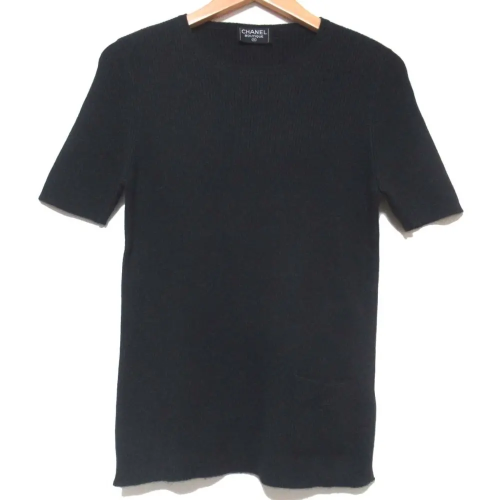 CHANEL シャネル カシミヤ×シルク ワンポイント ココマーク刺繍 半袖 リブニット セーター ダークネイビー