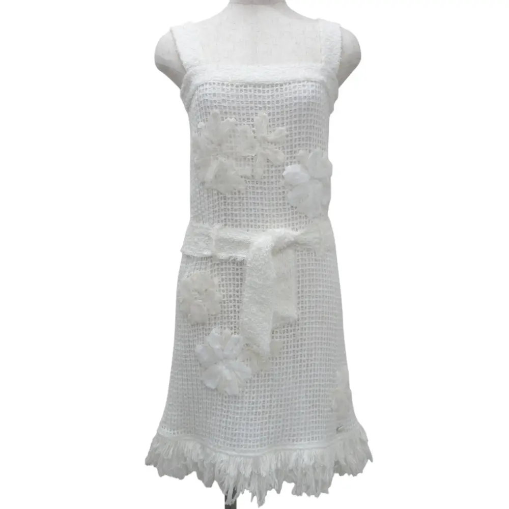 CHANEL シャネル メッシュニット フラワー ベルテッド ワンピース P51006 サイズ34 ホワイト