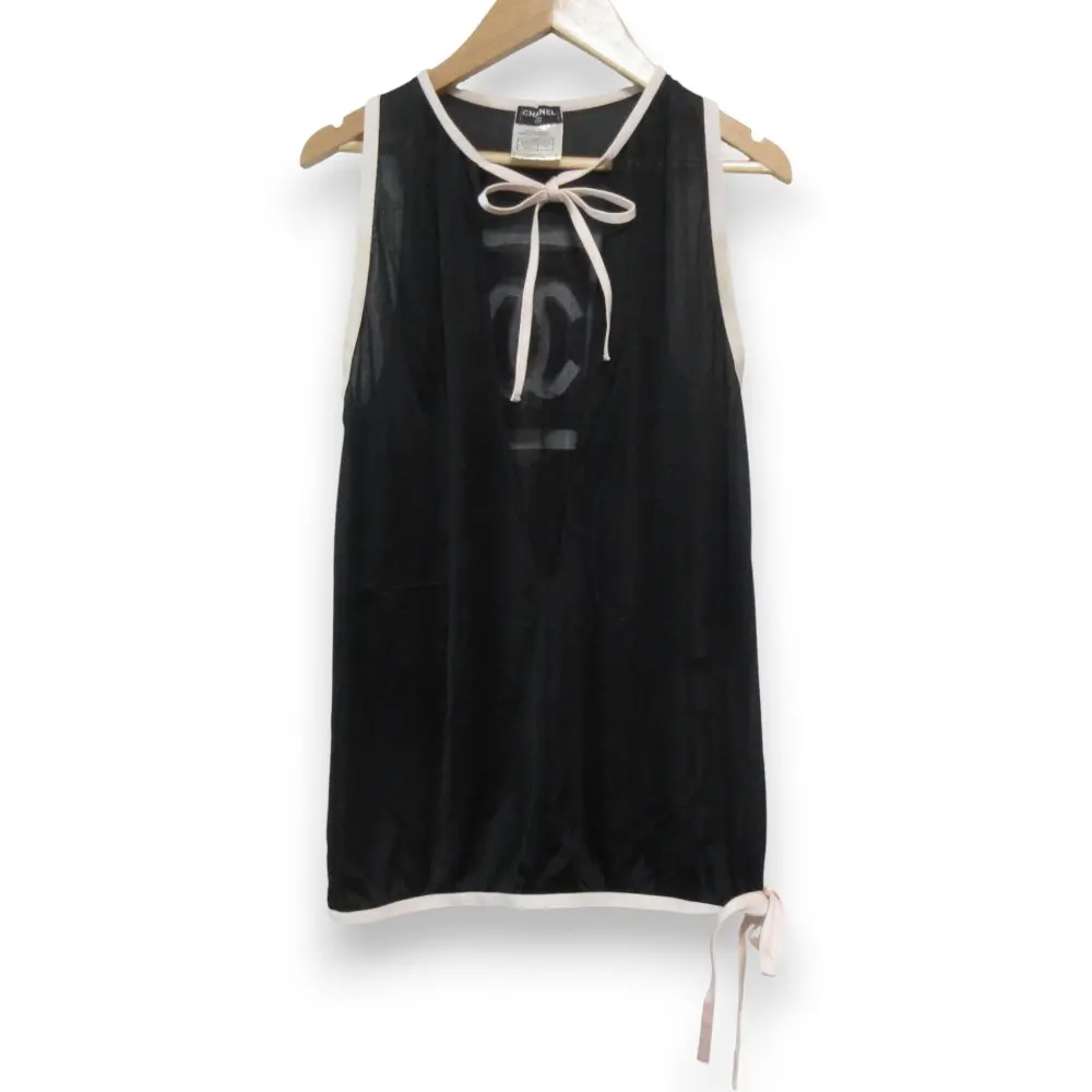 03P CHANEL シャネル スポーツライン ココマーク オープンニット メッシュ ノースリーブカットソー タンクトップ 38 ブラック