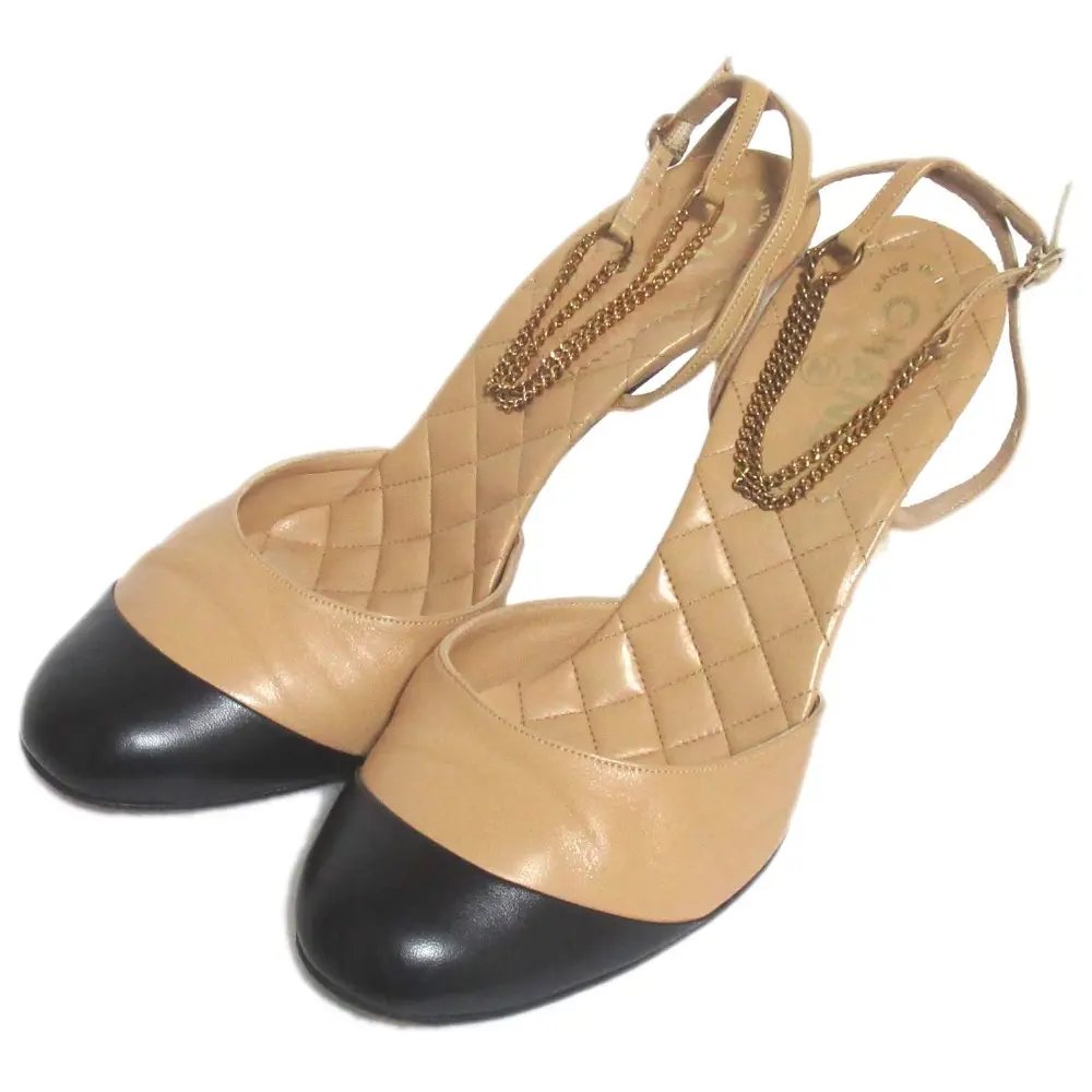 CHANEL シャネル アンクルチェーンストラップ ココマーク ハイヒール パンプス ミュール 38C 24cm相当 ベージュ ブラック