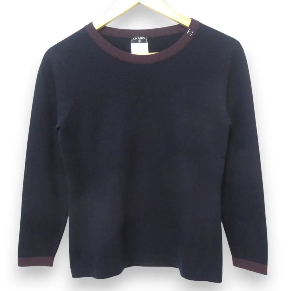 02A CHANEL シャネル ヴィンテージ カシミヤ100％ ココマーク クルーネック ニット セーター カットソー サイズ42 パープル系