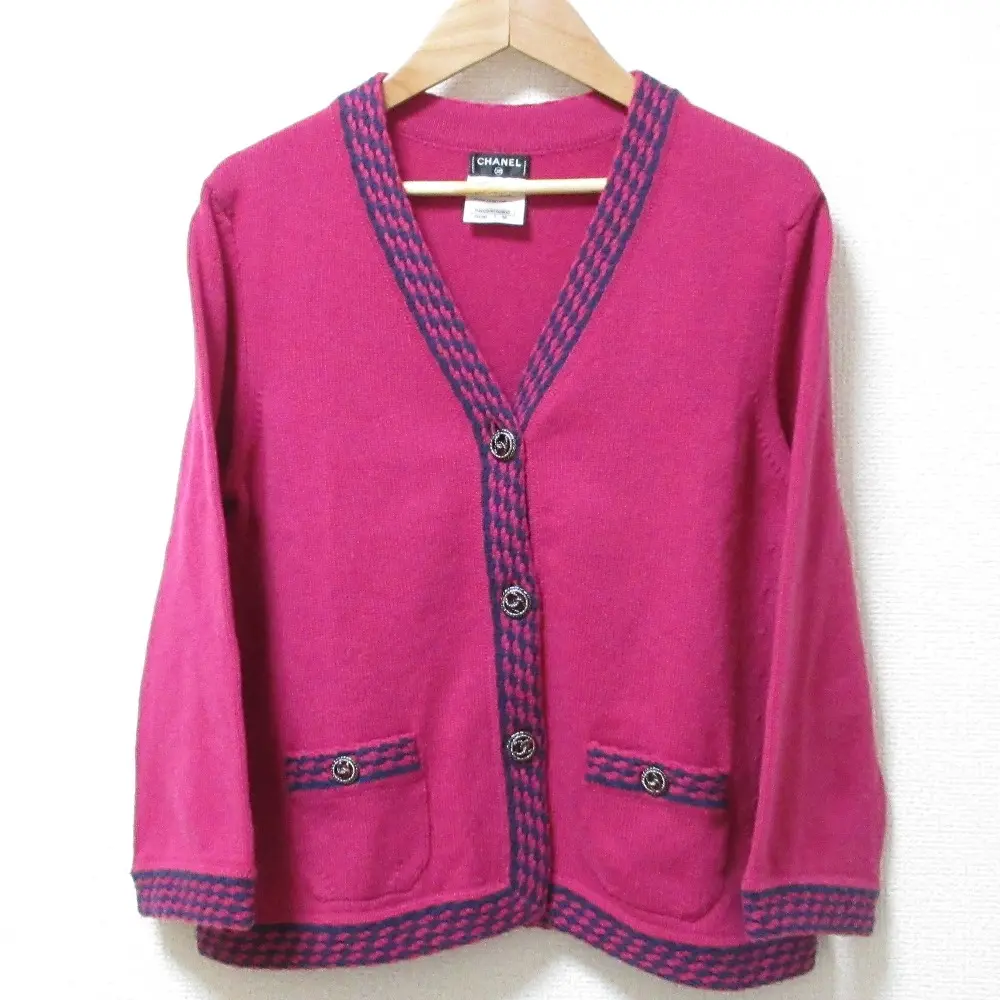 CHANEL シャネル ココマークボタン カシミヤ100% ロングスリーブ Vネック バイカラーニットカーディガン P40294 38 ピンク
