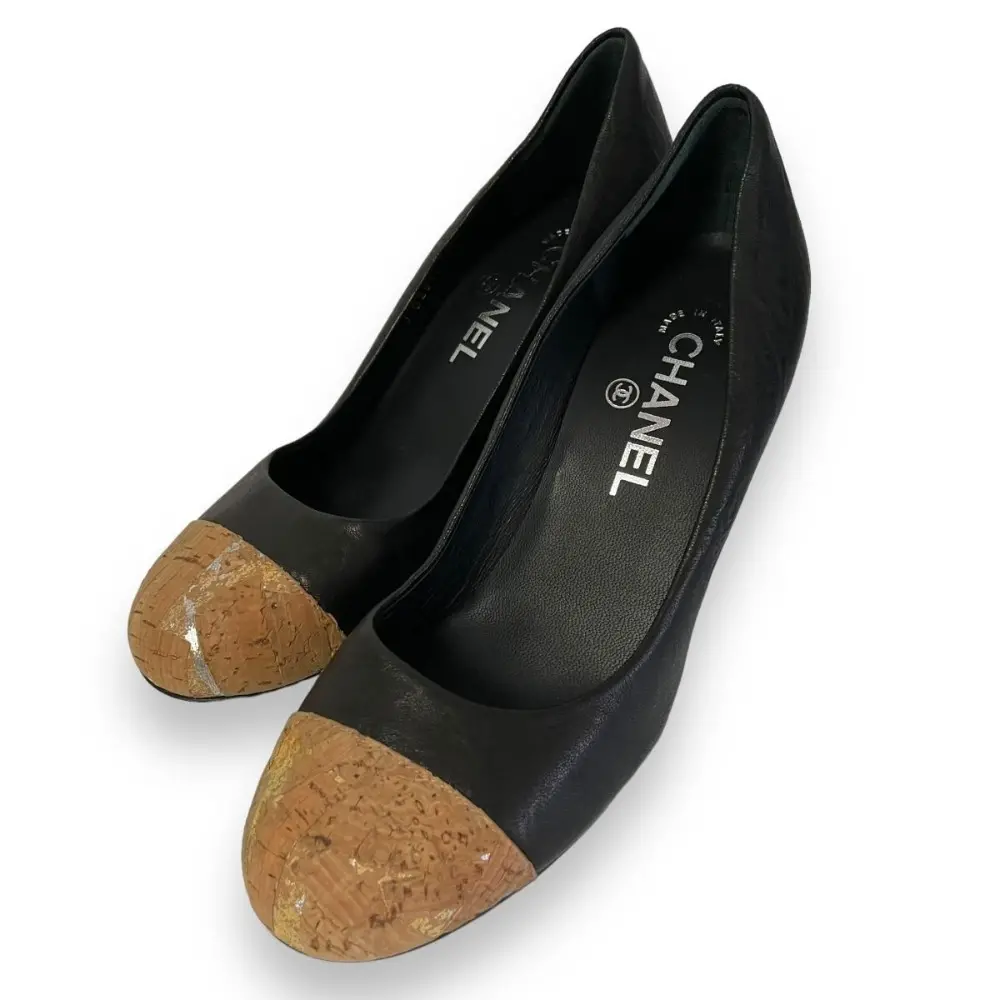CHANEL シャネル ココマーク レザー×コルク ラウンドトゥ ウエッジソール パンプス 37 1/2 約24cm ブラック