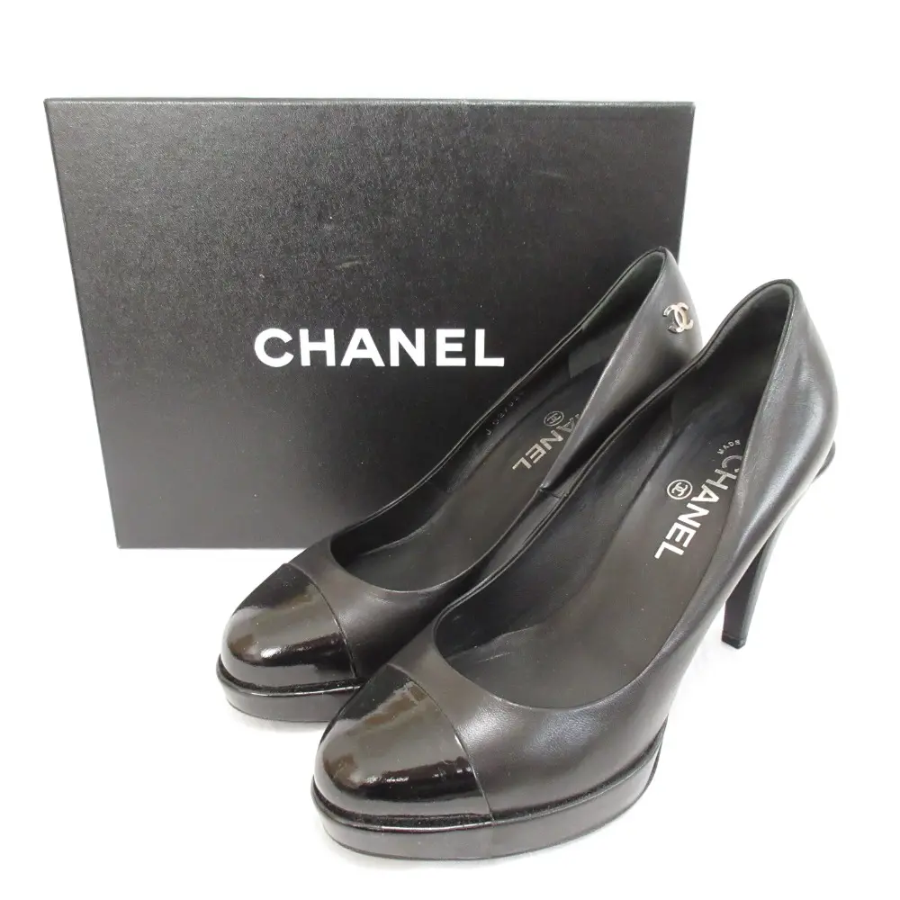 CHANEL シャネル レザー ココマーク アーモンドトゥ ハイヒール パンプス サイズ39 1/2 約25.5cm ブラック