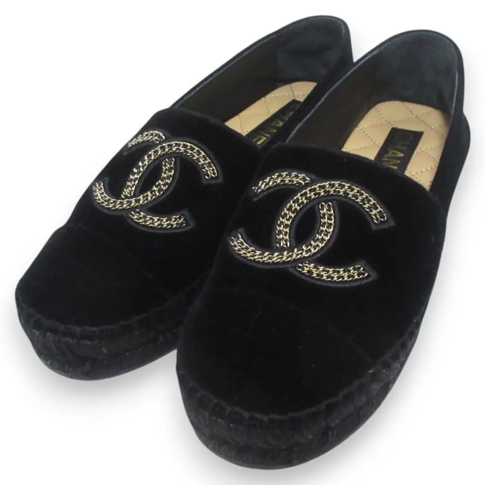 24SS CHANEL シャネル チェーンCCココマーク ベロア エスパドリーユ スリッポン フラットシューズ G45849 37C 約24cm ブラック