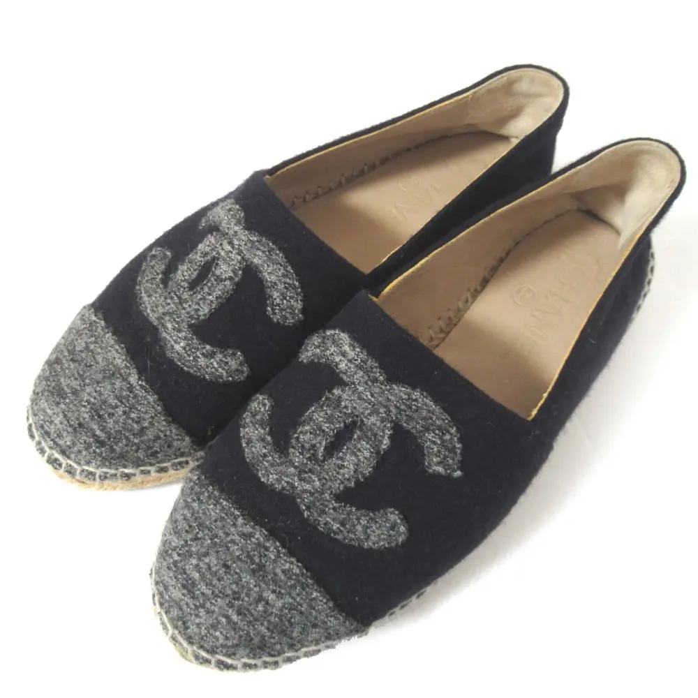 CHANEL シャネル ココマーク ウール ジュート エスパドリーユ フラットシューズ G29762 36サイズ 23cm相当 ネイビー グレー