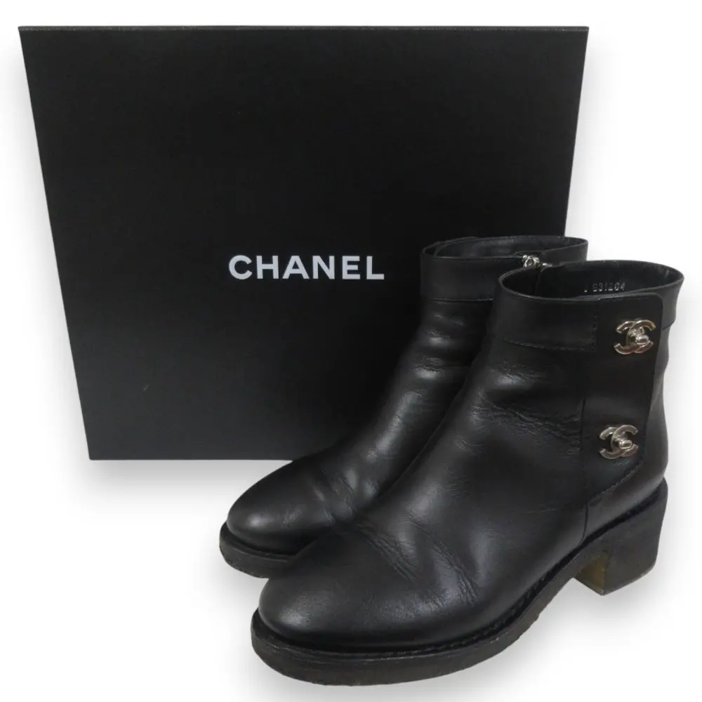CHANEL シャネル ココマーク ターンロック レザー ショートブーツ G31204 36.5C 約23.5cm ブラック