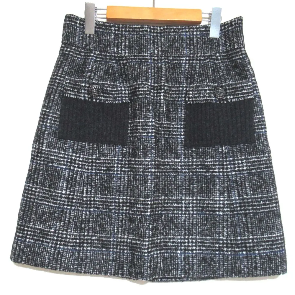 CHANEL シャネル 07A チェック柄 ニットポケット ひざ上丈 ウール スカート 42サイズ ホワイト×ブラック×ブルー