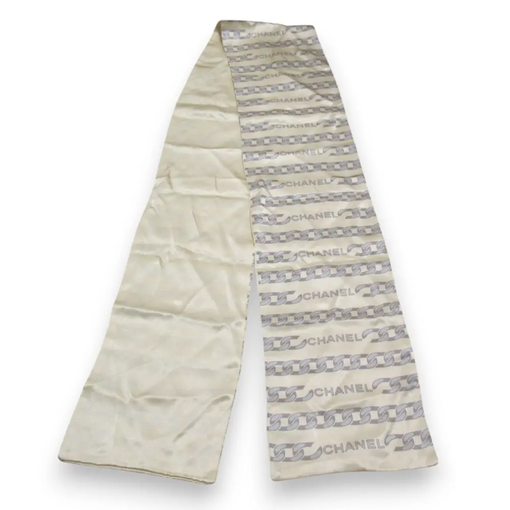 CHANEL シャネル シルク100％ チェーンプリント スカーフ ストール ベージュ グレー