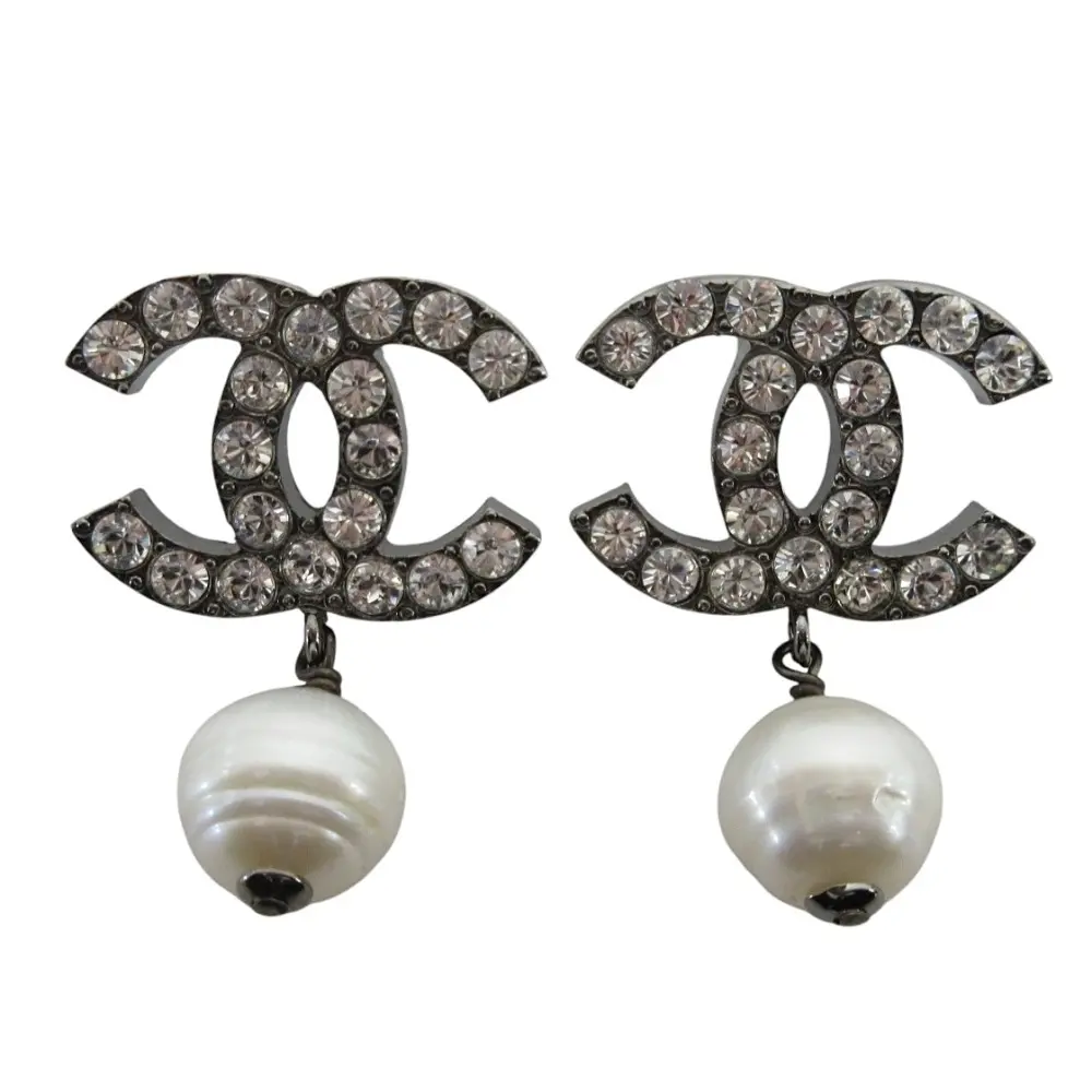 05A CHANEL シャネル ラインストーン ココマーク フェイクパール ピアス シルバーカラー