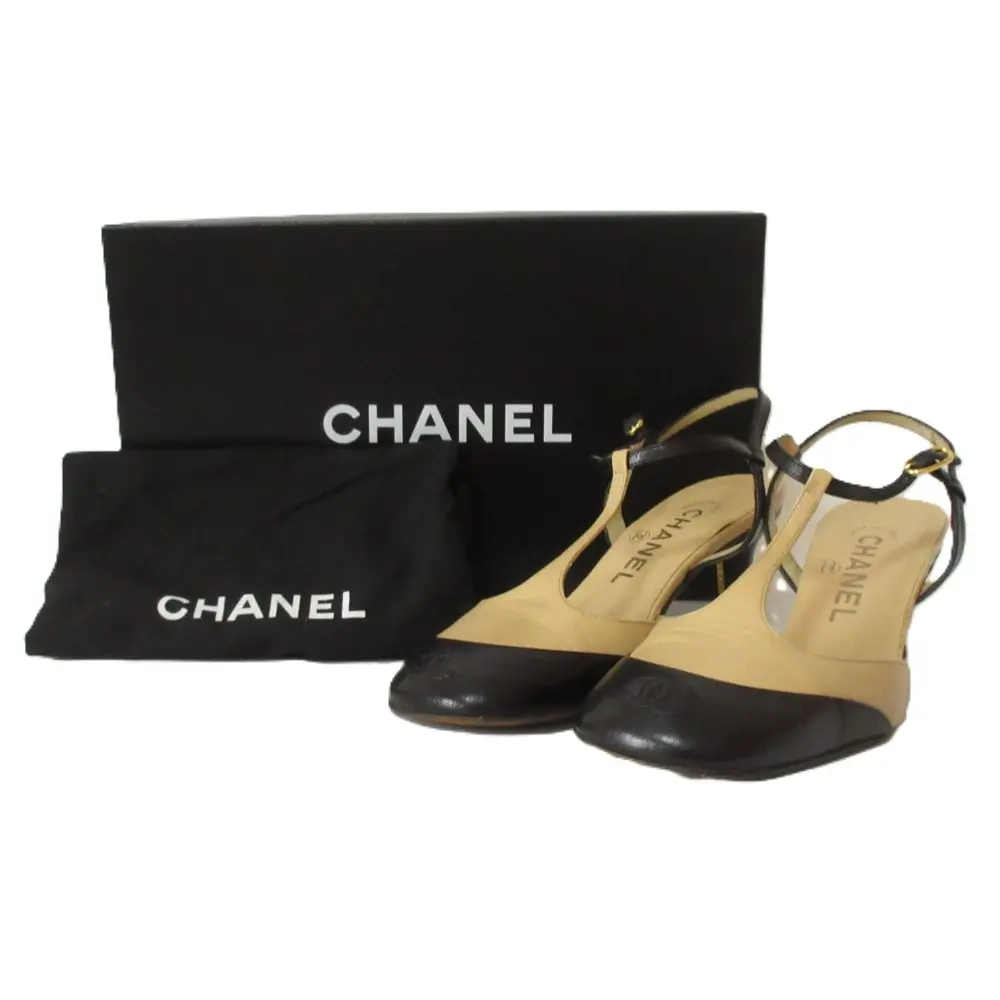 CHANEL シャネル レザー Tストラップ ココマーク バイカラー パンプス ミュール  35 1/2 約22.5cm ベージュ×ブラック