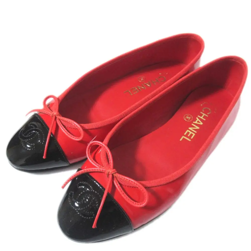 CHANEL シャネル ココマーク パテントレザー バレリーナ フラットシューズ パンプス 35.5C 22.5cm レッド×ブラック