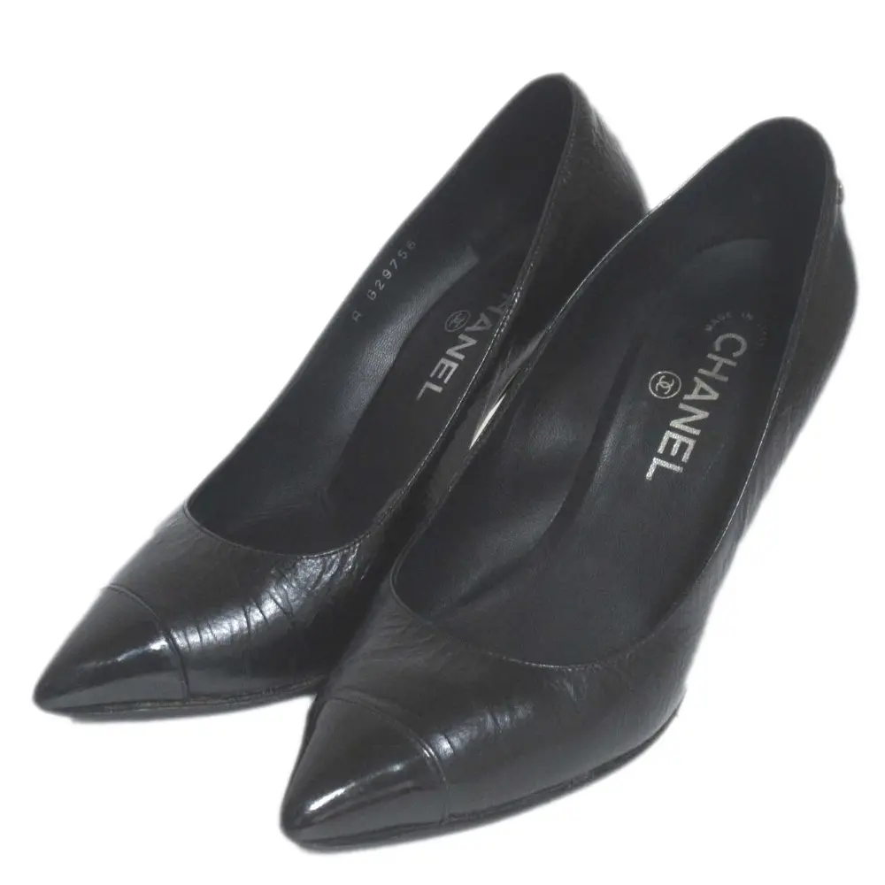 CHANEL シャネル ココマーク レザー ポインテッドトゥ ハイヒール パンプス G29756 38C 24cm相当 ブラック